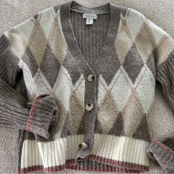 Rachel Zoe Brown Cream Argyle V-neck Cardigan Button front Sweater - Picture 4 of 5